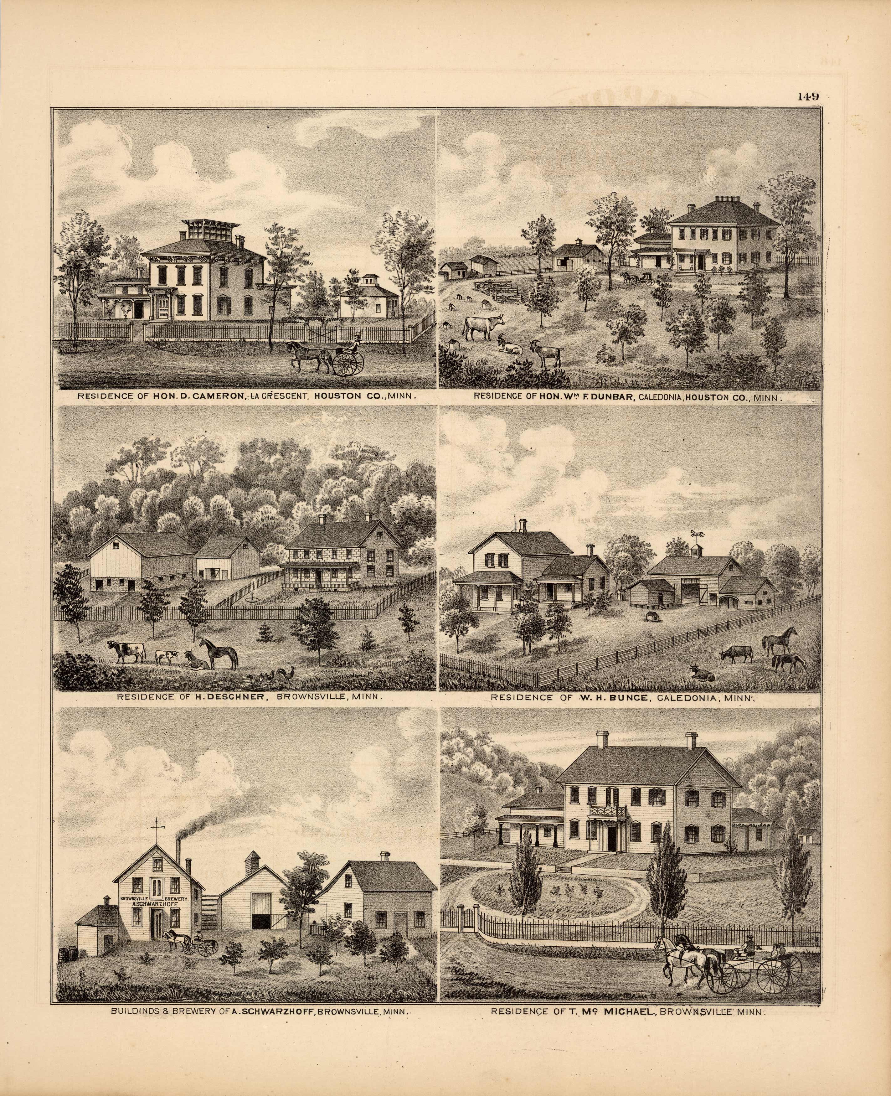 Residence of Hon. D. Cameron; Residence of Hon. WM F. Dunbar; Residence of H. Deschner; Residence of W.H. Bunce; Buildings & Brewery of A. Schwarzhoff; Residence of T. Mc Michael