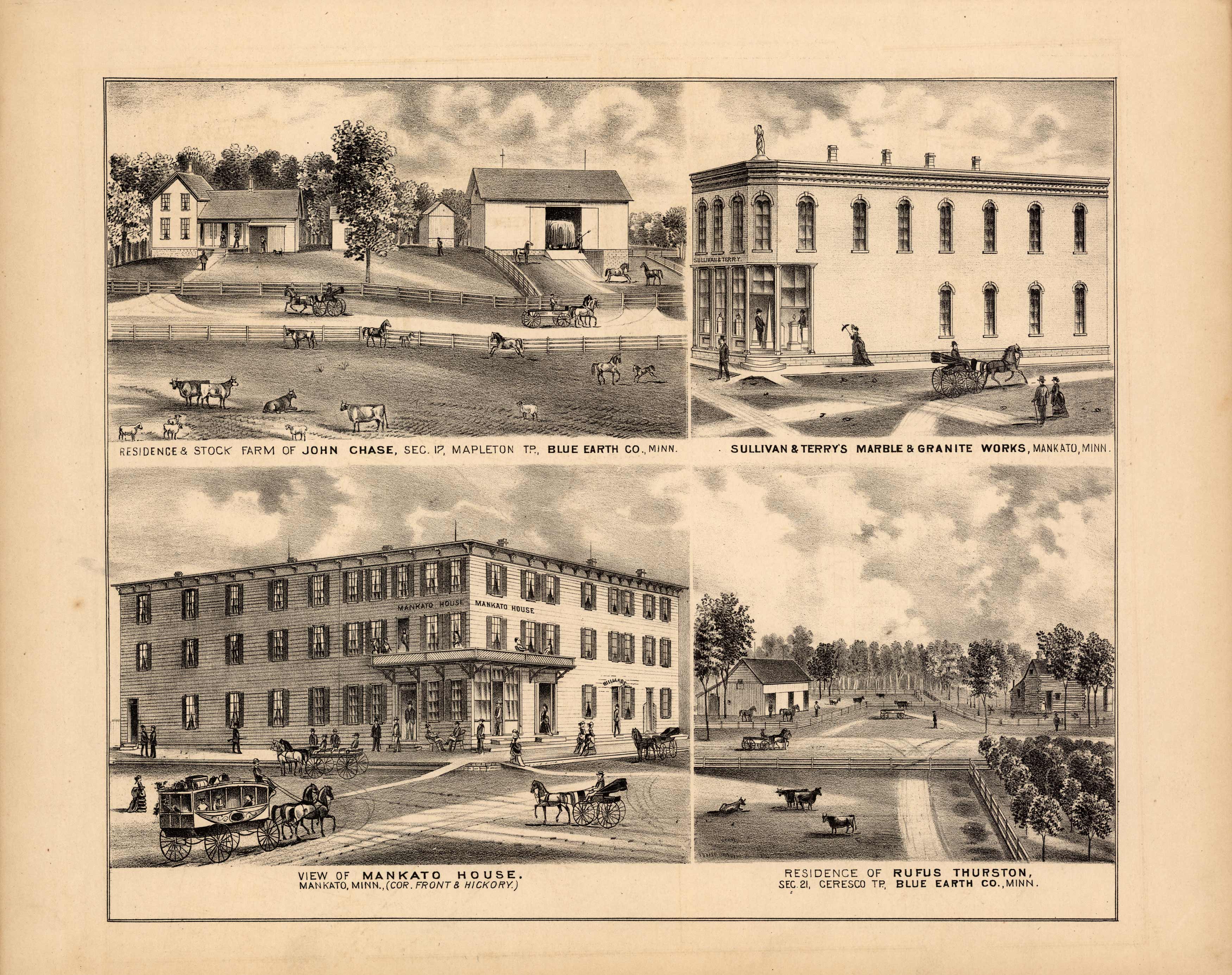 Residence & Stock Farm of John Chase; Sullivan & Terrys Marble & Granite Works; View of Mankato House; Residence of Rufus Thurston'