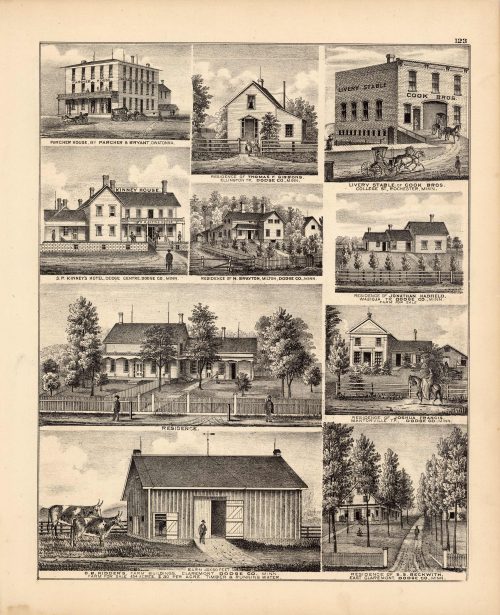 Parcher House; Residence of Thomas F. Gibbons; Livery Stable of Cook Bros.; S.P. Kinneys Hotel; Residence of H. Brayton; Residence of Jonathan Hadfield; Residence of Joshua Francis; O.B. Kidder's