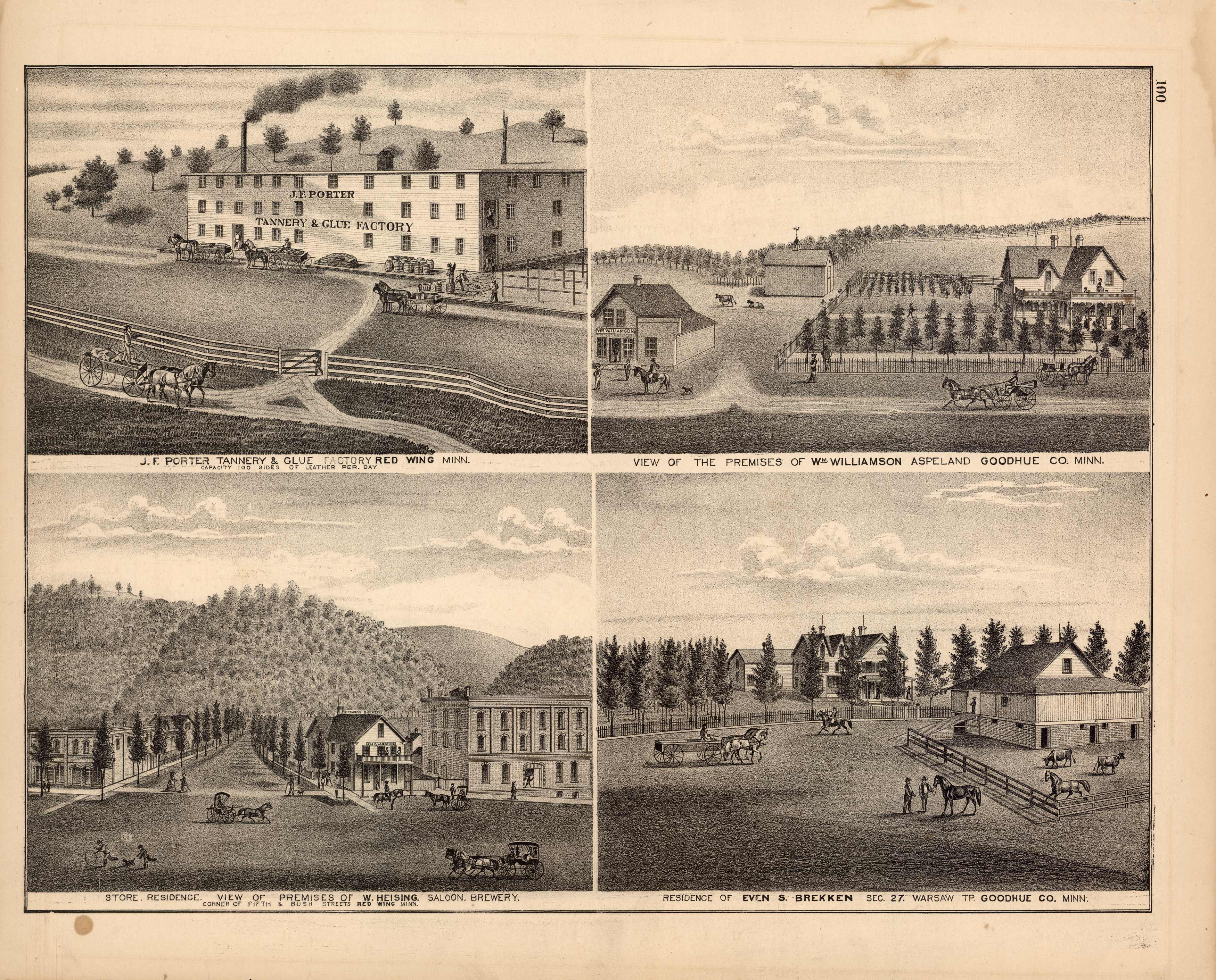J.F. Porter Tannery & Glue Factory Red Wing; View of the Premises of WM Williamson Aspeland; Store. Residence. View of Premises of W. Heising. Saloon. Brewery.; Residence of Even S. Brekken