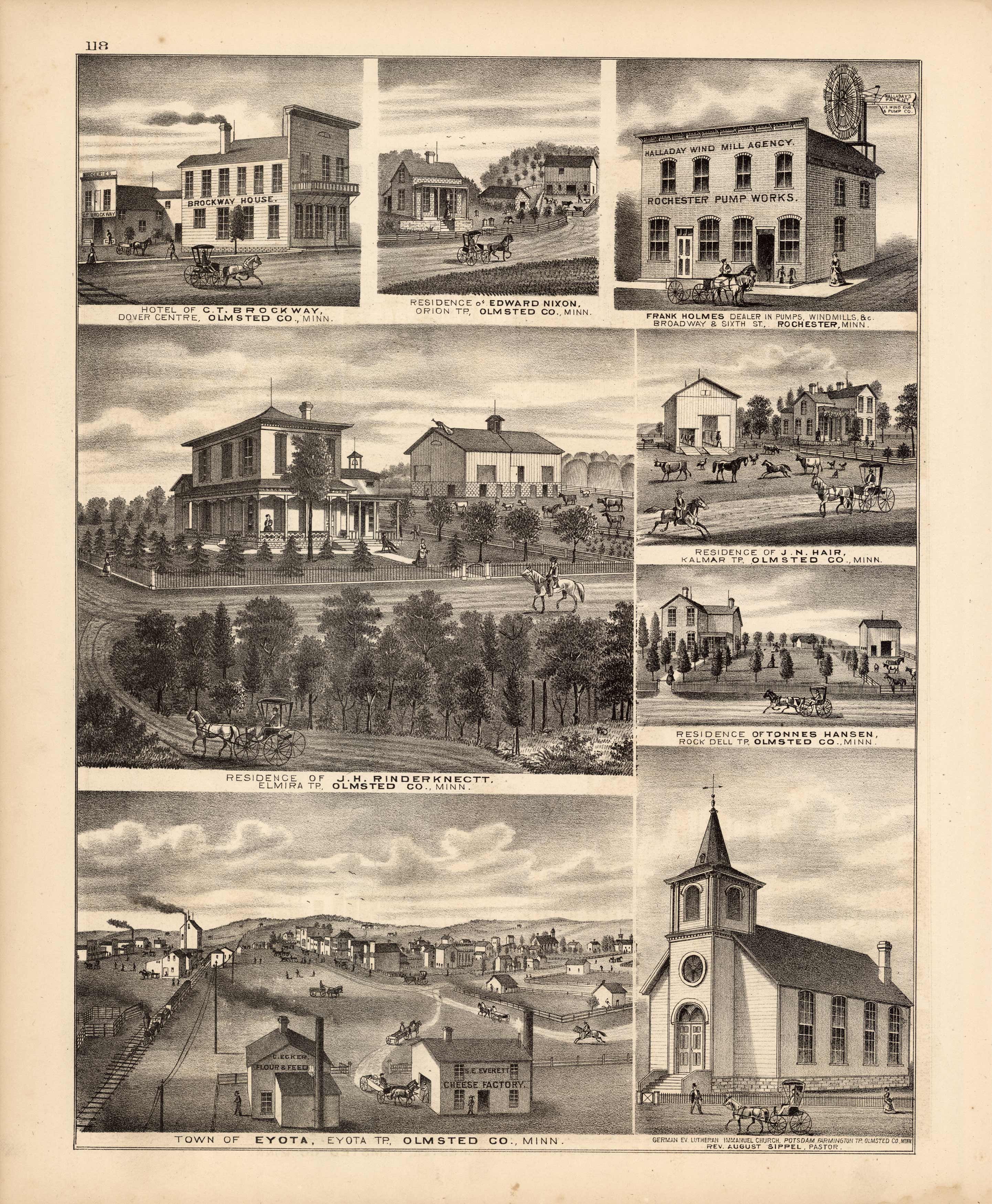Hotel of C.T. Brockway; Residence of Edward Nixon; Frank Holmes Dealer; Residence of J.N. Hair; Residence of Tonnes Hansen; Residence of J.H. Rinderknectt; Town of Eyota; German EV. Lutheran Immanuel Church