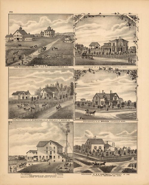 Fairview: Farm Residence of R.S. Hershey; Residence of J.M. Waldren; Farm Residence of C.H. Stinchfield; Residence of J.C. Braden; R.S. Hershey & Co. Proprietors- Manufacturers of Choice Family & Fancy Goods; Residence of E.A. Campbell