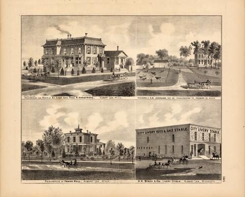 Residence and Bank of Ex. Lieut. Gov. Thos. H. Armstrong; Residence of A.M. Johnson; Residence of Frank Hall; D.K. Stacy & Co. Livery Stable