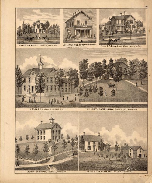 Farm Res. of Jas Jenkins; W.H. Hall; Res. of C.R. Beal; Graded School; Res. of Lewis Harrington; Stevens Seminary; Residence of Liberty Hall'