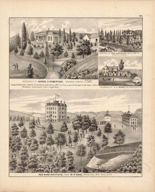 Residence of George O. Robertson; Residence of Hon. John Miller; Residence of J.J. Starz ; Red Wing Institute. Prof. W.P. Hood