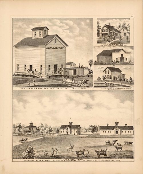 View of Hines & Butlers New Elevator; Res. of Orrin Whitney; Res. & Stables of Hanscom & Dunn; Oakwood Farm owned by Col. W.S. King