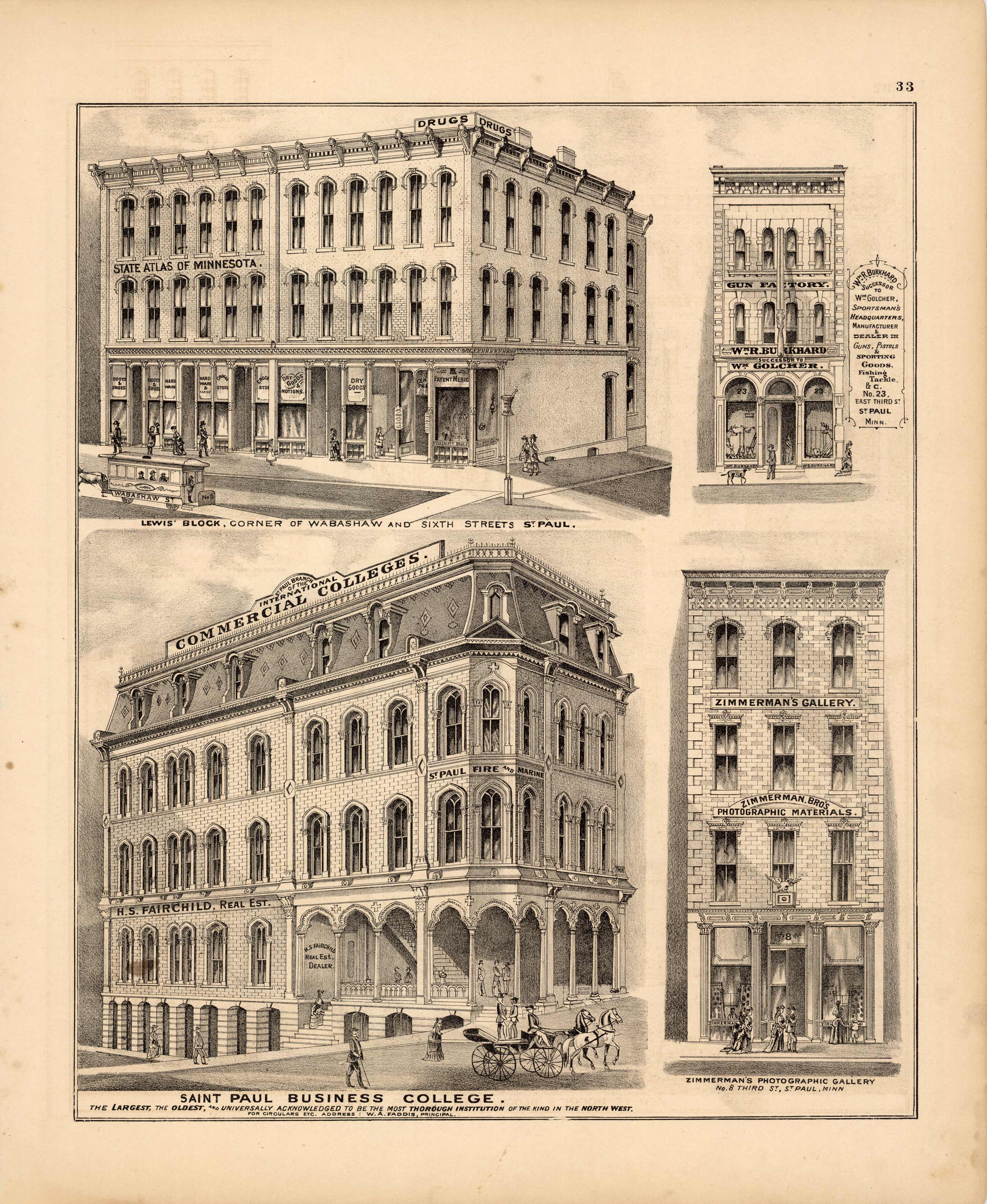 Lewis Block; WMR Buckhard- Successor to WM Golcher; Saint Paul Business College; Zimmerman's Photographic Gallery '