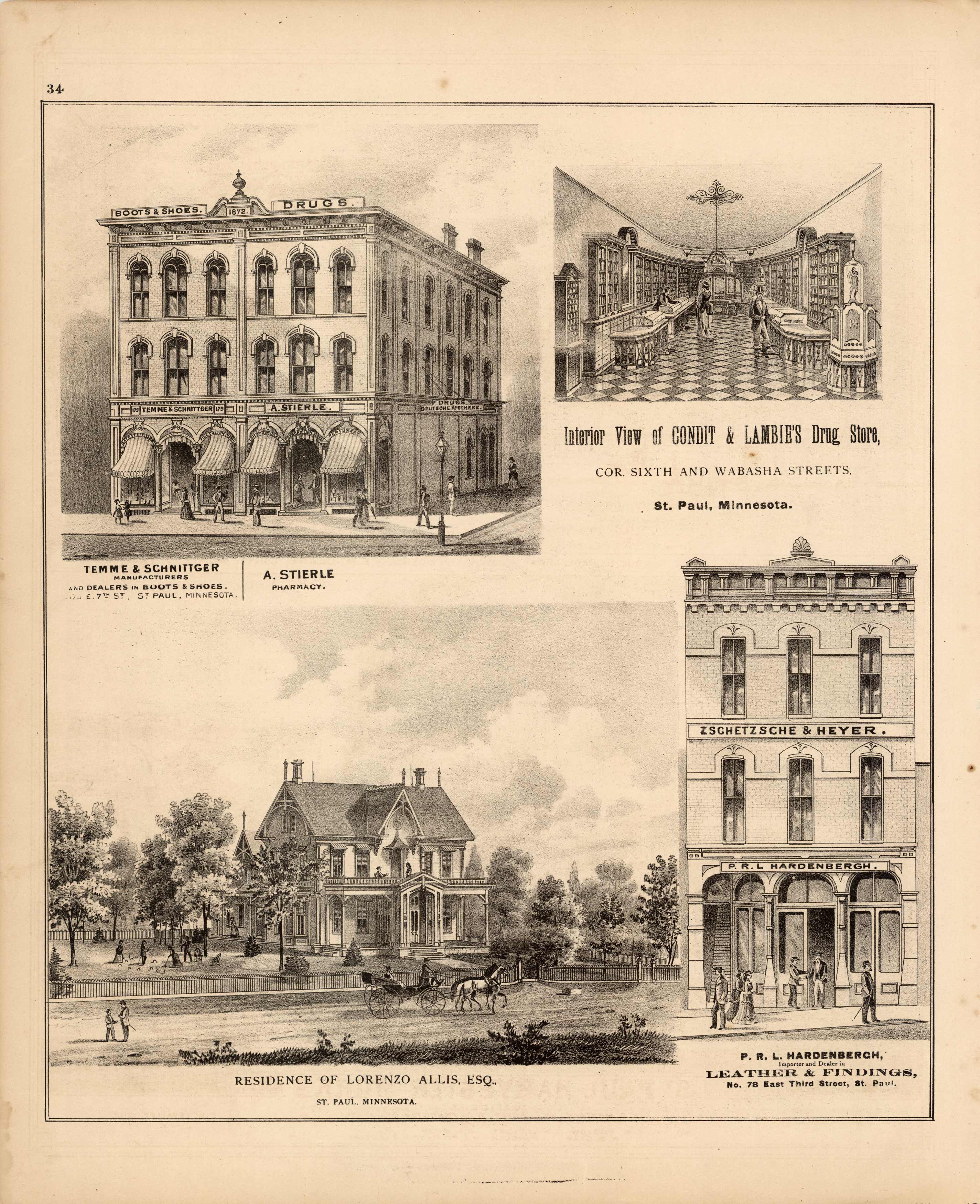 Temme & Schnittger Manufacturers and Dealers in Boots and Shoes; A. Stierle Pharmacy; Interior View of Condit & Lambies Drug Store; Residence of Lorenzo Allis Temme & Schnittger Manufacturers and Dealers in Boots and Shoes; A. Stierle Pharmacy; Interior View of Condit & Lambies Drug Store; Residence of Lorenzo Allis