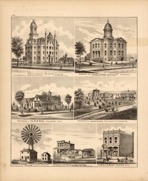 Public School Building; Olmsted Co. Court House; Residence of Dr. W.W. Mayo; Residence of Joseph Stoppel; Beaton & Corinsky- Potsdam Flouring Mill; A.D. Vedders Farm Machinery Depot & Seed Store; Meat Market of G.Baihly '