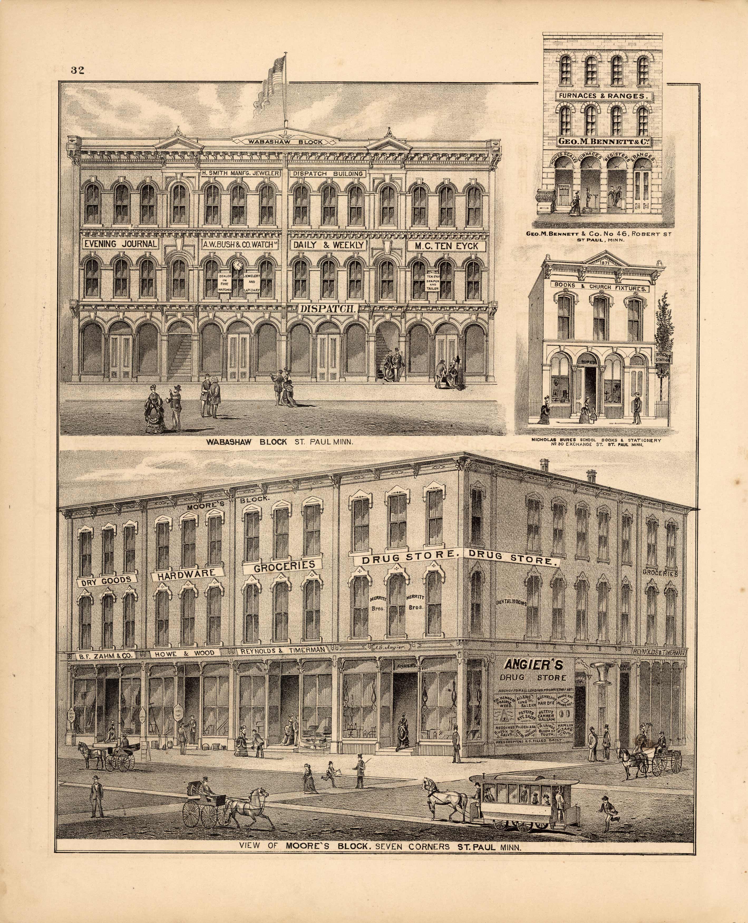 Wabashaw Block; Geo. M. Bennett & Co.; Nicholas Bures School Books & Stationary; View of Moore's Block' Wabashaw Block; Geo. M. Bennett & Co.; Nicholas Bures School Books & Stationary; View of Moore's Block'