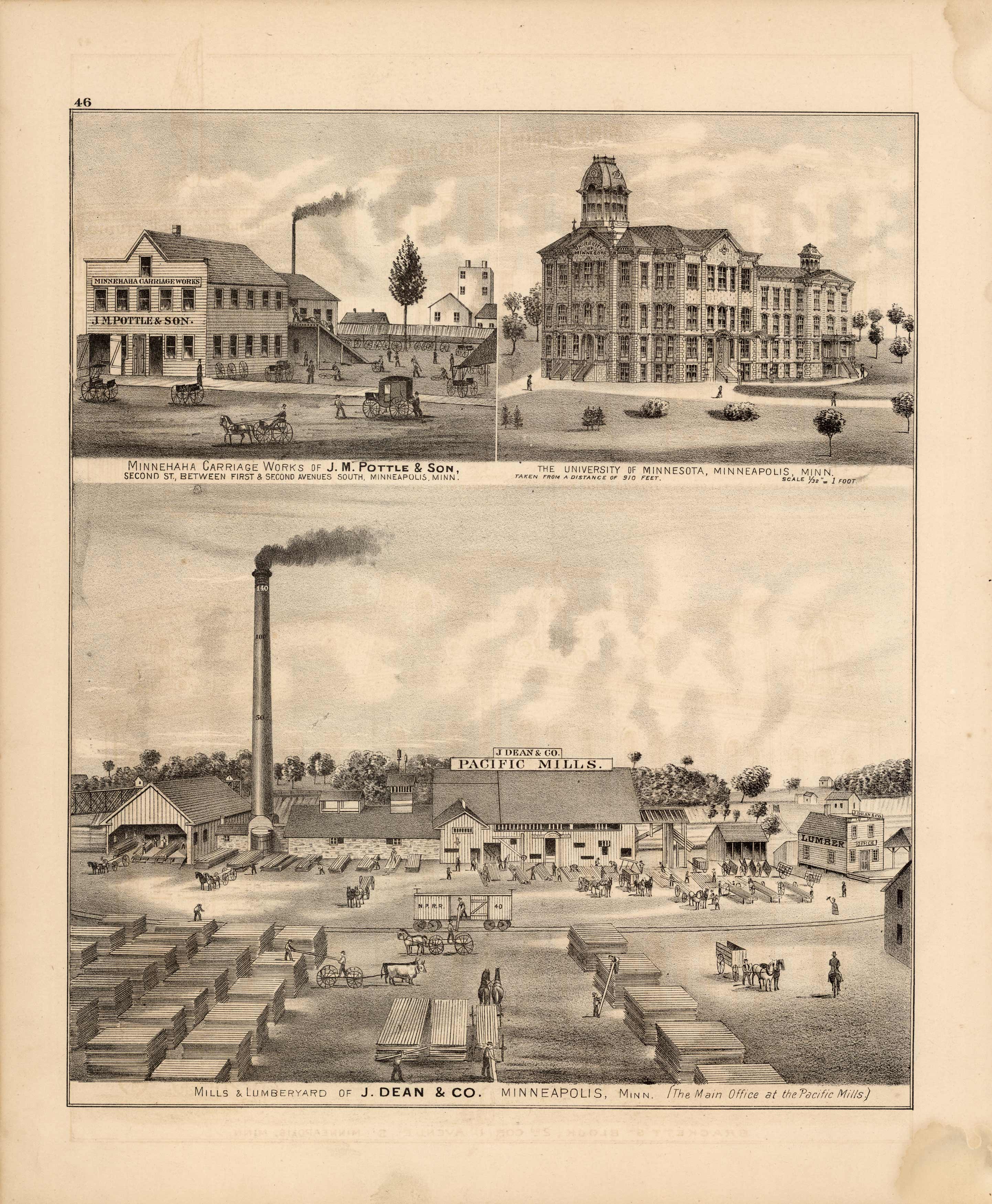 Minnehaha Carriage Works of J.M. Pottle & Son; The University of Minnesota; Mills & Lumberyard of J. Dean & Co.