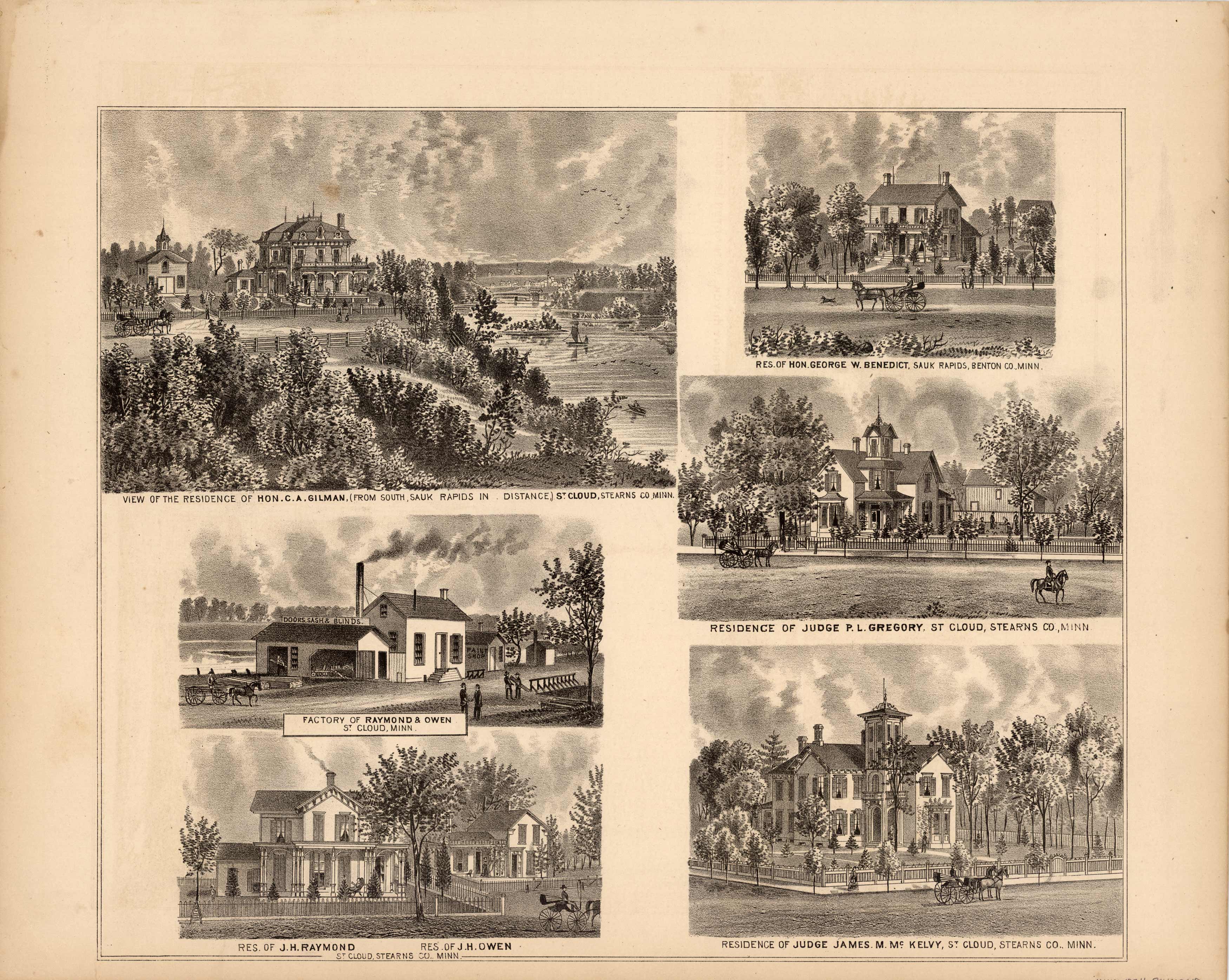 View of the Residence of Hon. C.A. Gilman; Res. of Hon. George W. Benedict; Residence of Judge P.L. Gregory; Residence of Judge James M. McKelvy; Res. of J.H. Raymond and Res. of J.H. Owen; Factory of Raymond & Owen View of the Residence of Hon. C.A. Gilman; Res. of Hon. George W. Benedict; Residence of Judge P.L. Gregory; Residence of Judge James M. McKelvy; Res. of J.H. Raymond and Res. of J.H. Owen; Factory of Raymond & Owen