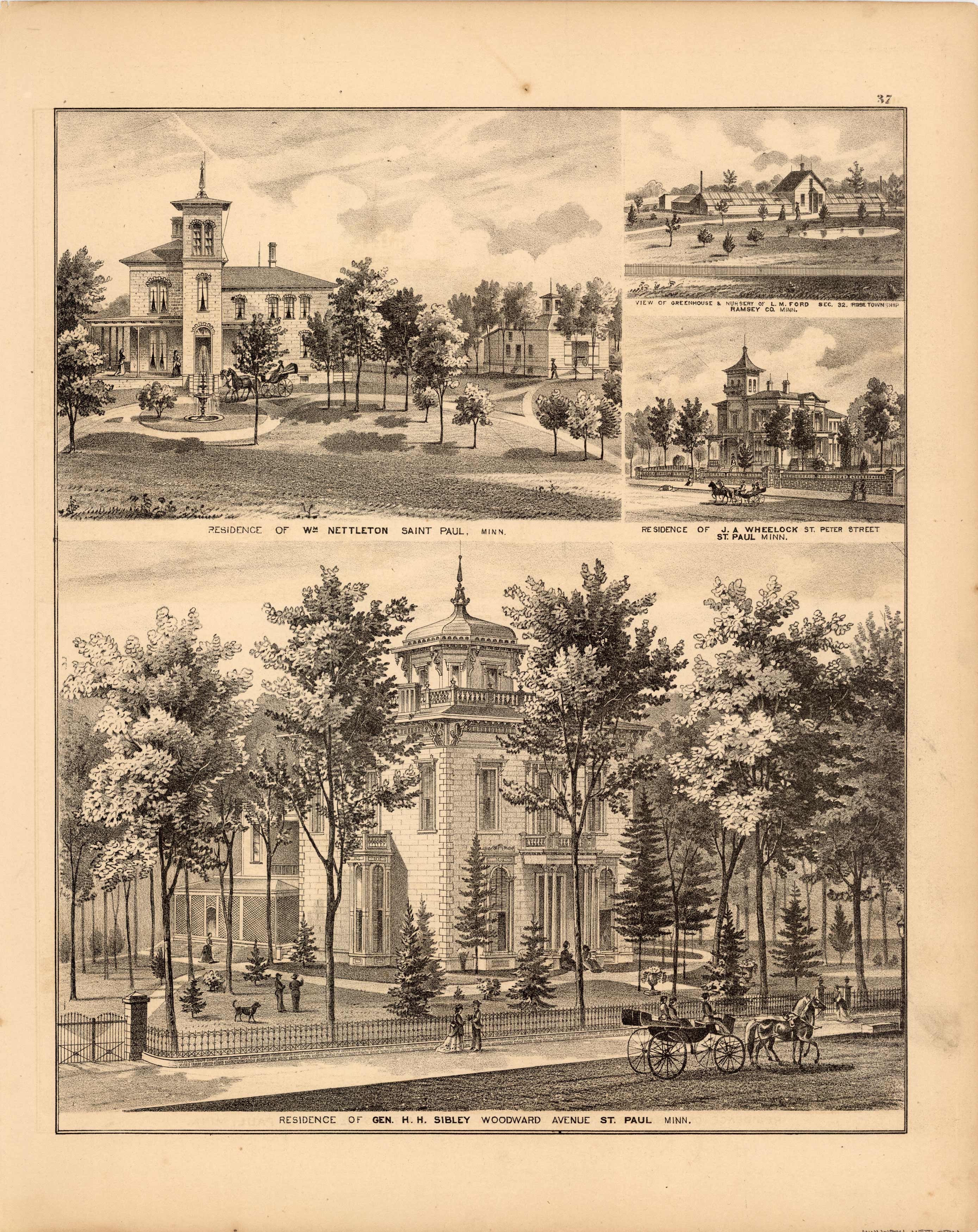 Residence of WM  Nettleton; View of Greenhouse & Nursery of L.M. Ford; Residence of J.A. Wheelock; Residence of Gen. H.H. Sibley
