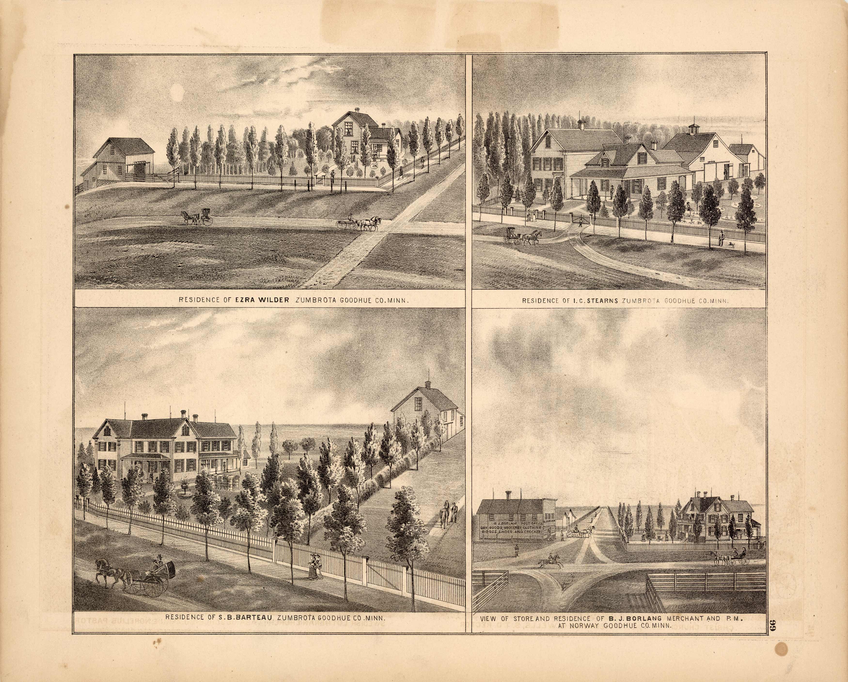 Residence of Ezra Wilder; Residence of I.C. Stearns; Residence of S.B. Barteau; View of Store and Residence of B.J. Borlang Merchant and P.M. at Norway
