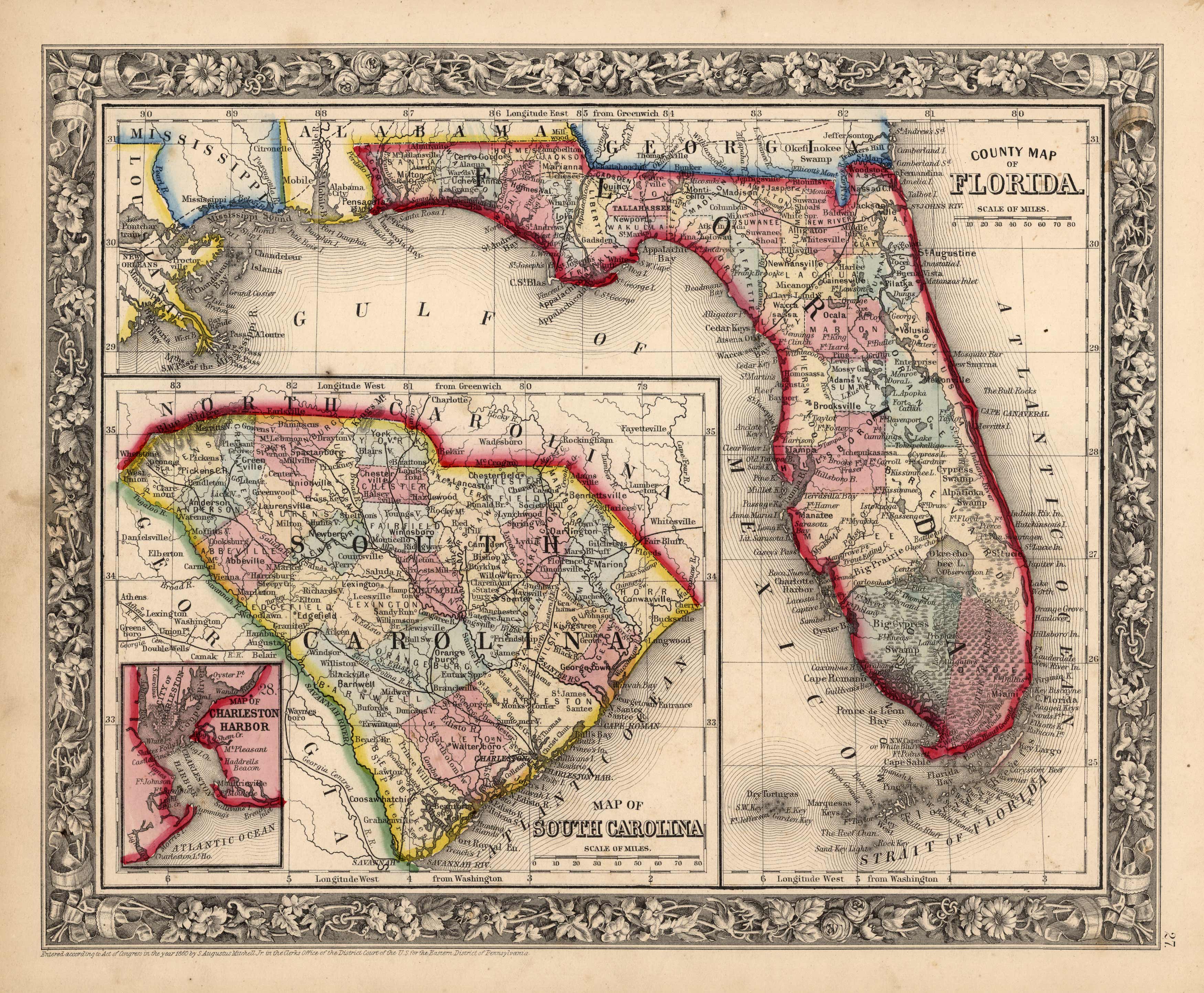 County Map of Florida. Map of South Carolina. Map of Charleston Harbor.