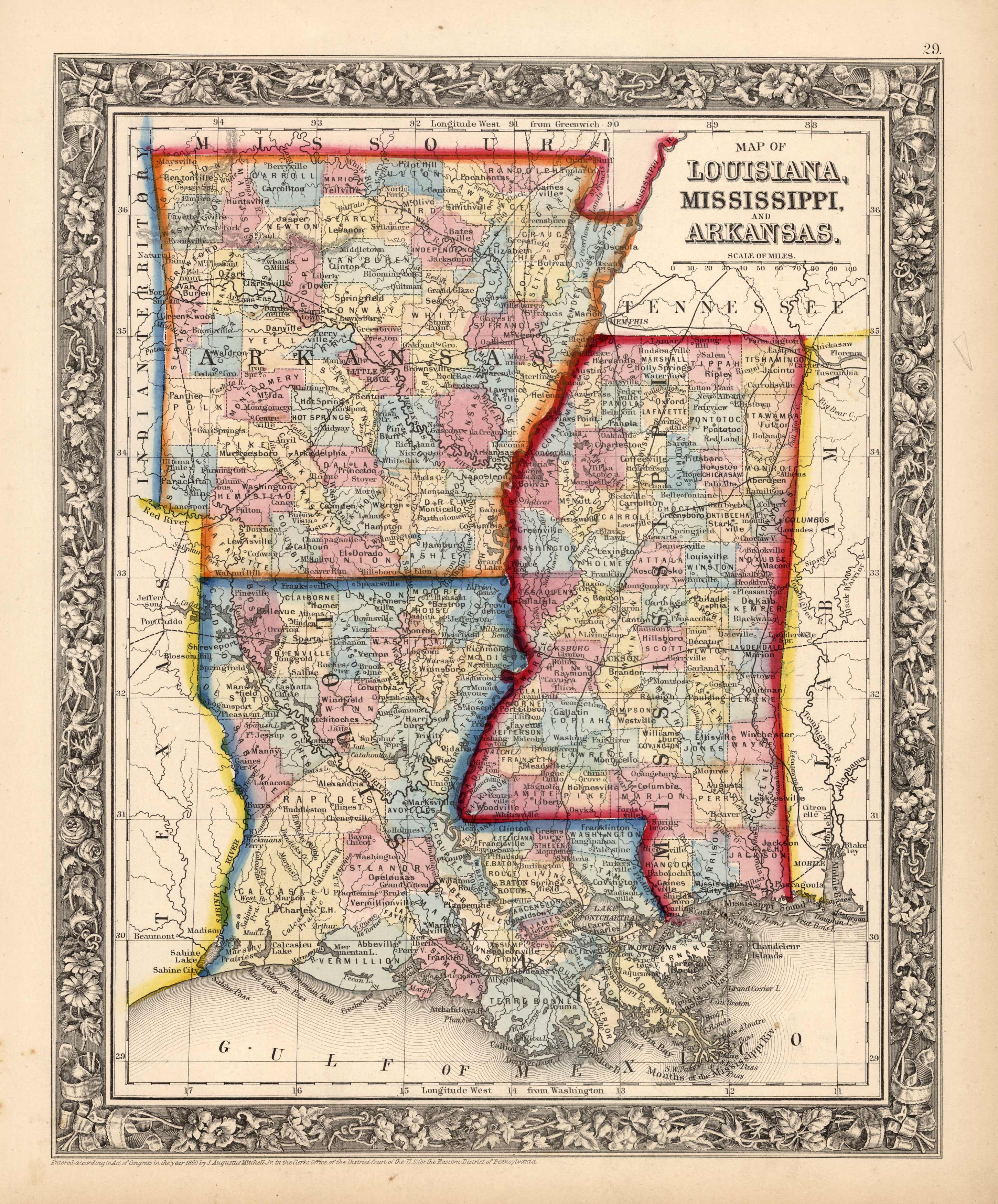 New Rail Road and County Map of Arkansas, Louisiana and Mississippi - Art  Source International