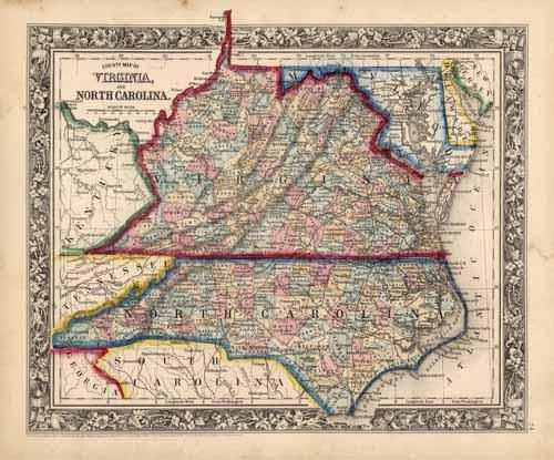 County Map of Virginia and North Carolina.