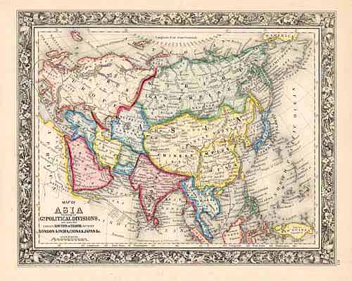 Map of Asia showing its geopolitical divisions and also the various routes of travel between London & China