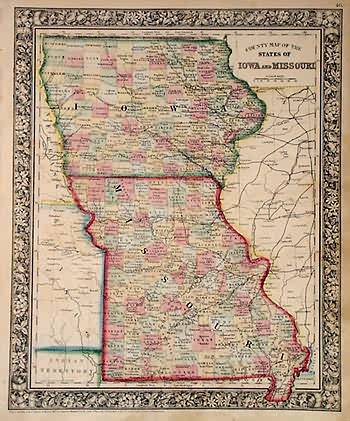 County Map Of The States Of Iowa And Missouri - Art Source International