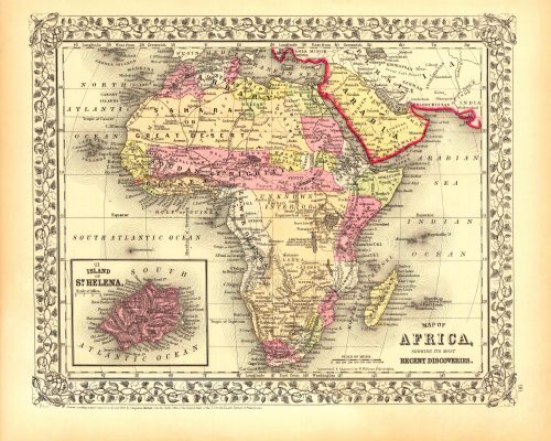 Map of Africa showing its most recent discoveries with an inset map of the Island of St Helena