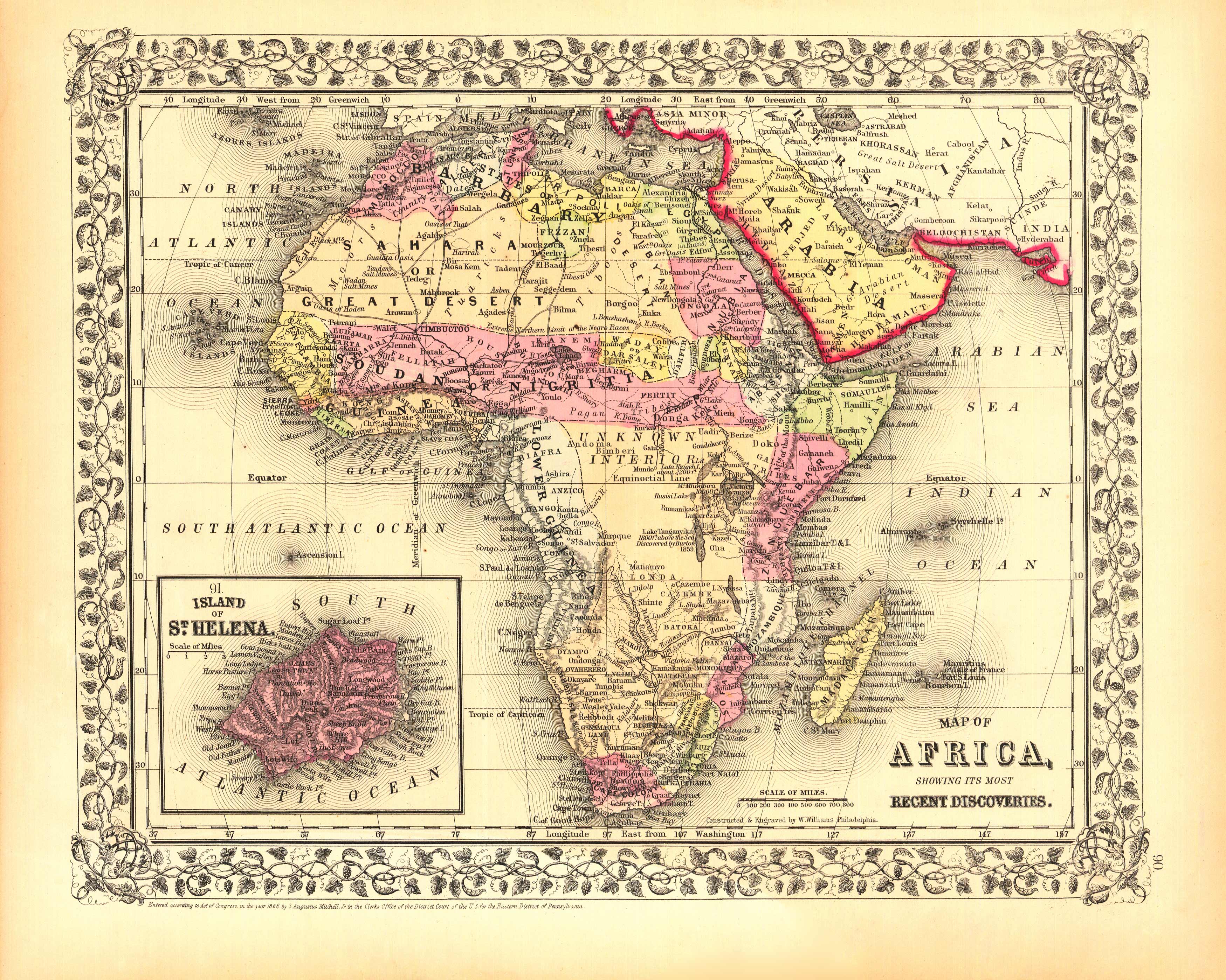 Map Of Africa Showing Its Most Recent Discoveries With An Inset Map Of The Island Of St Helena