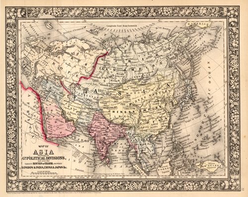 Map of Asia showing its Political Divisions and also the various Routes  of Travel between London and India