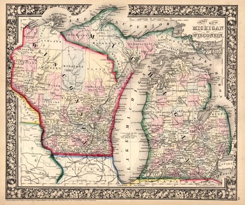 County Map of Michigan and Wisconsin