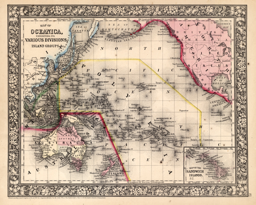Map of Oceanica exhibiting its various divisions Island Groups with an inset map of the Sandwich Islands Map of Oceanica exhibiting its various divisions Island Groups with an inset map of the Sandwich Islands