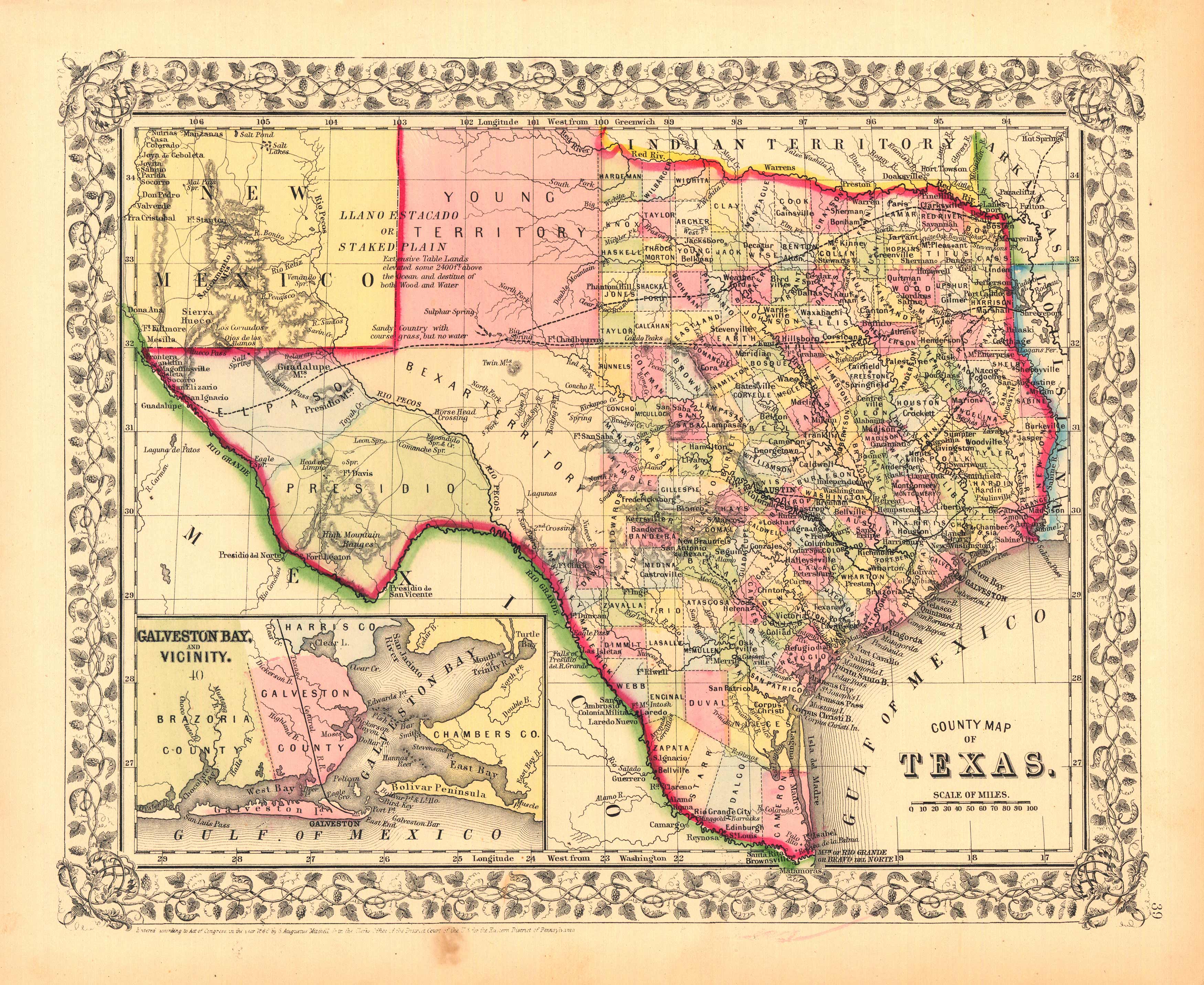 County Map of the State of Texas with an inset of Galveston Bay
