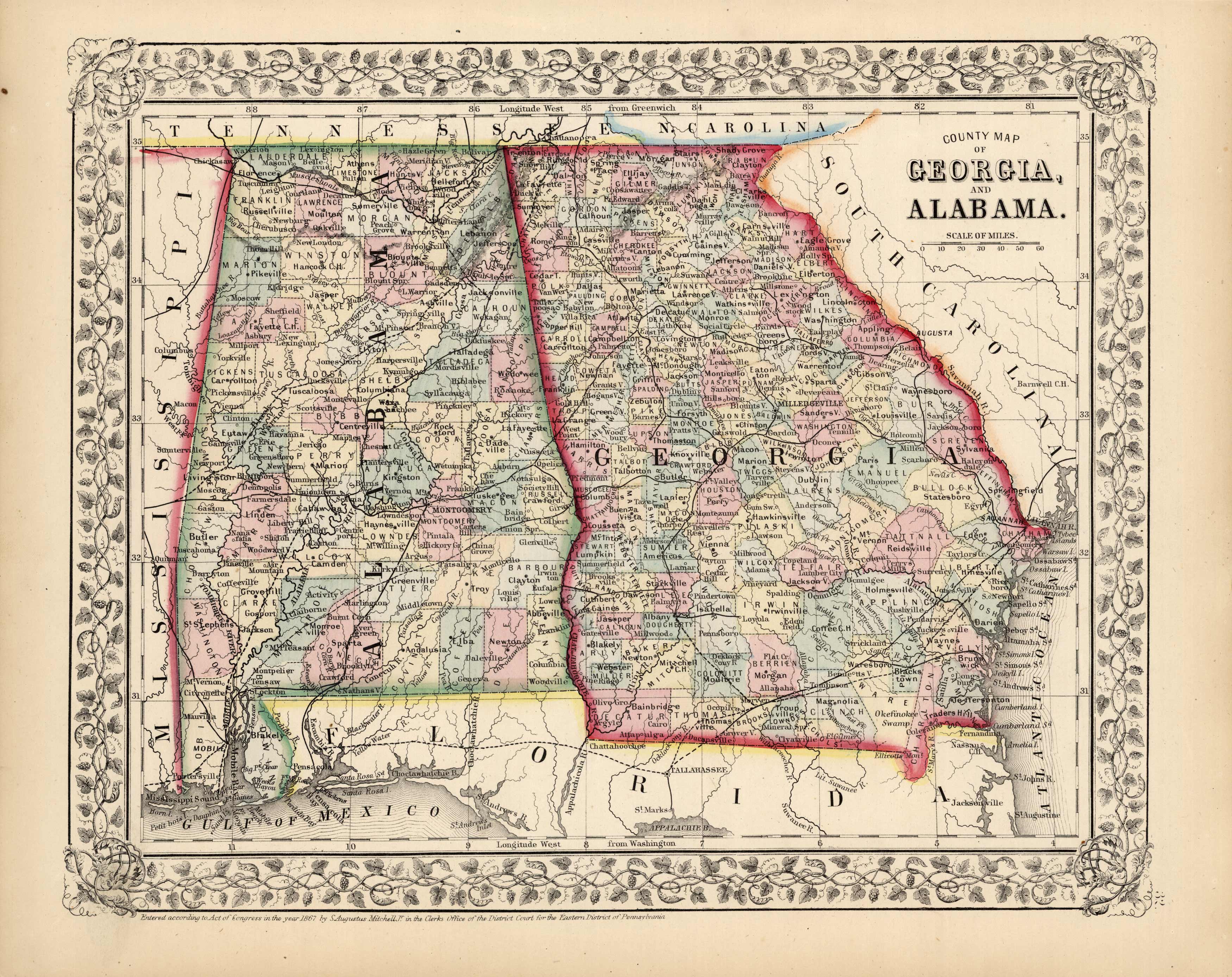 County Map of Georgia and Alabama