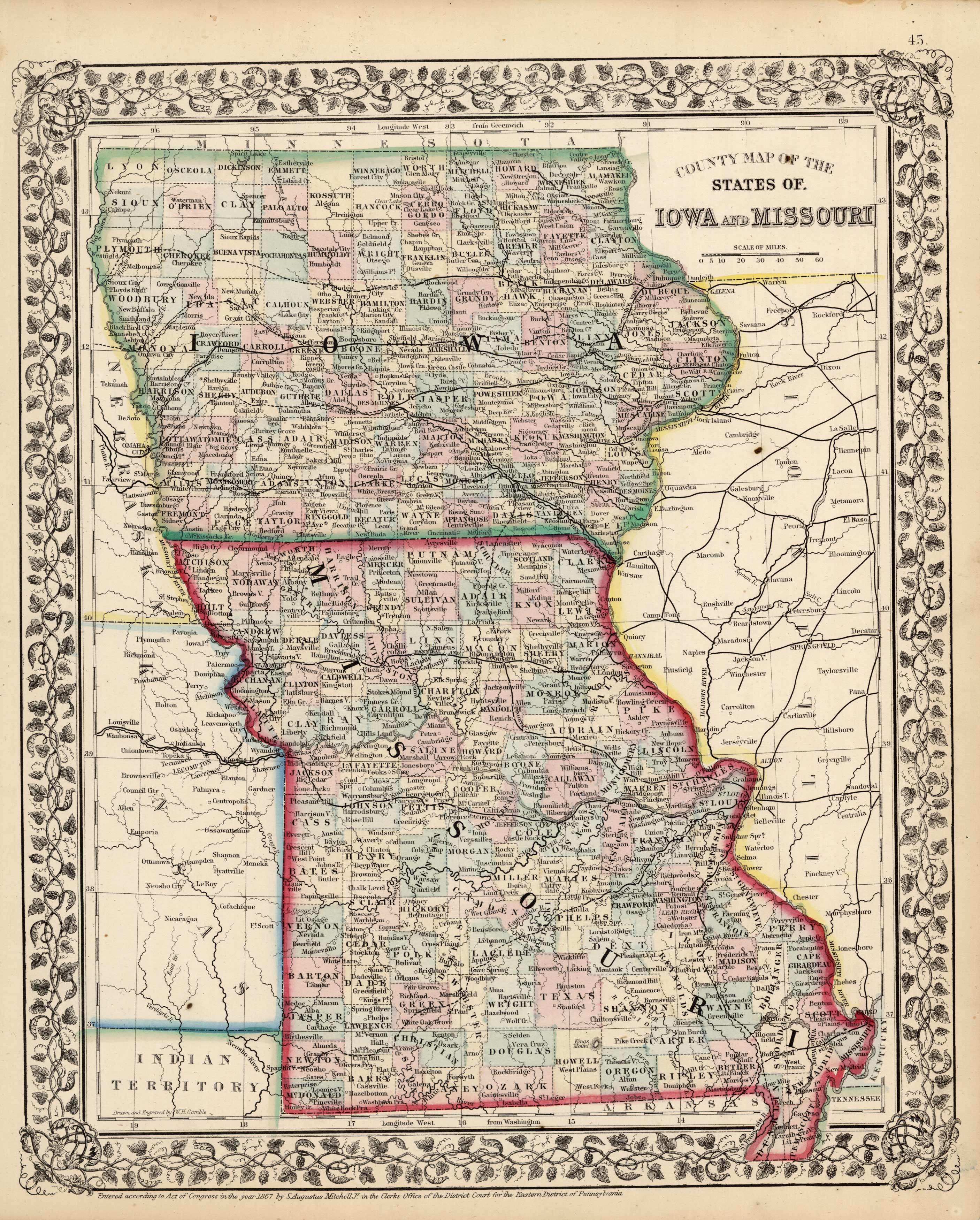 County Map of the States of Iowa and Missouri - Art Source International