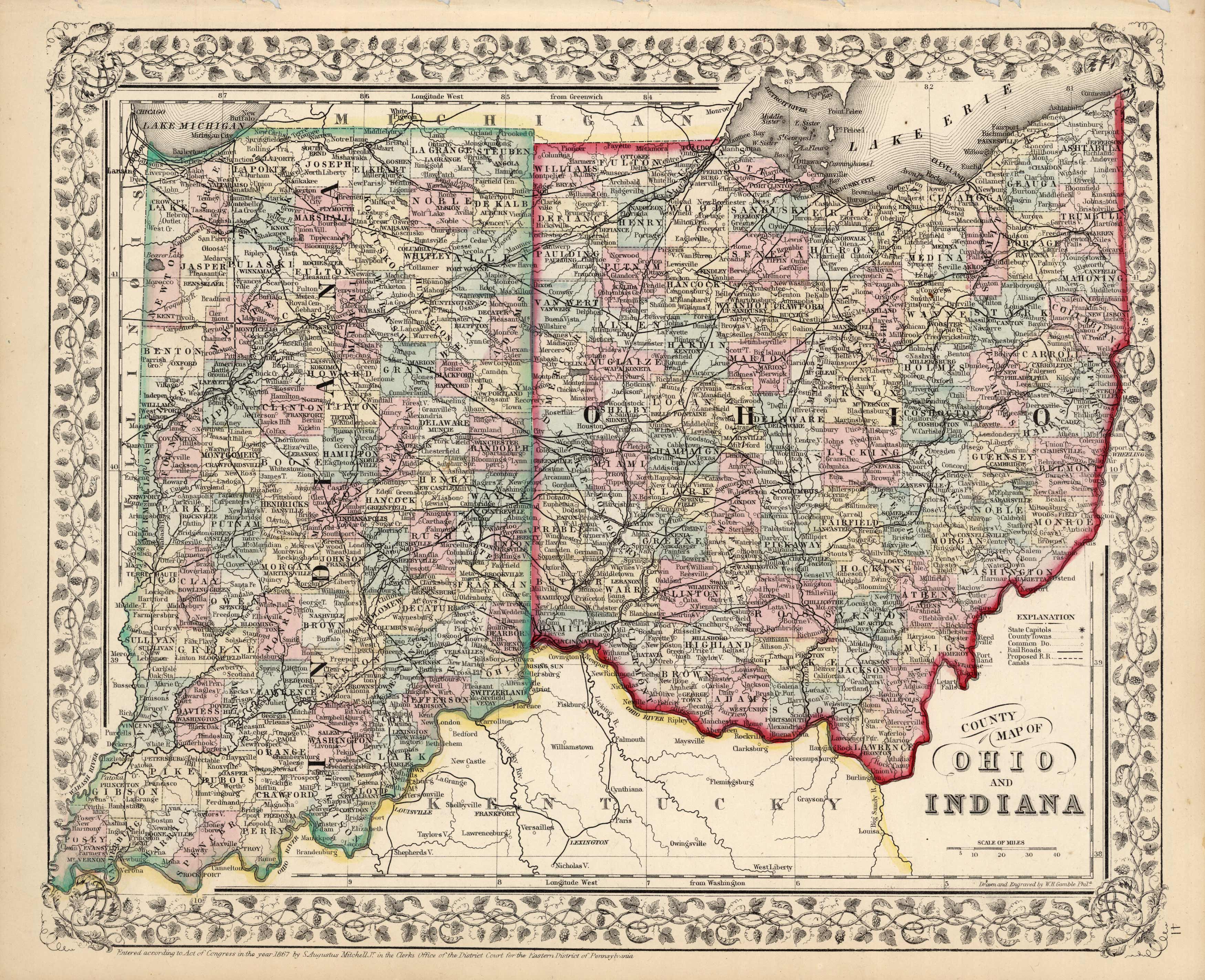 County Map of Ohio and Indiana - Art Source International