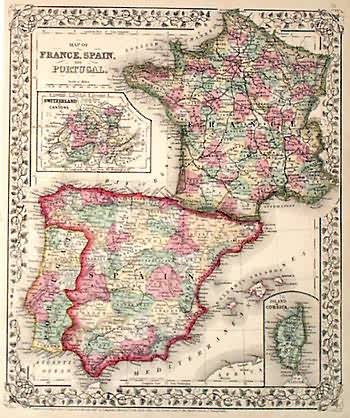 Map of France, Spain, and Portugal - Art Source International