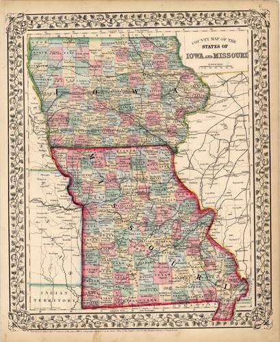 County Map of the States of Iowa and Missouri