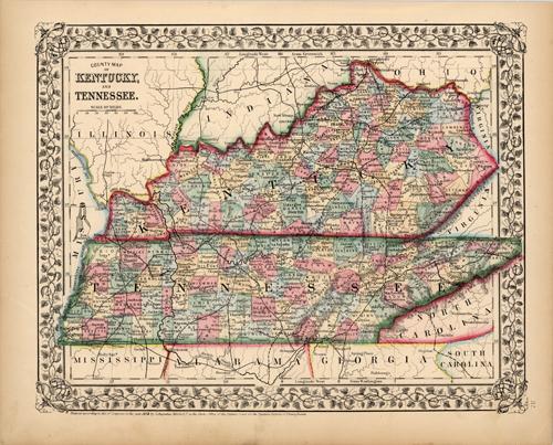 County Map of Kentucky and Tennessee