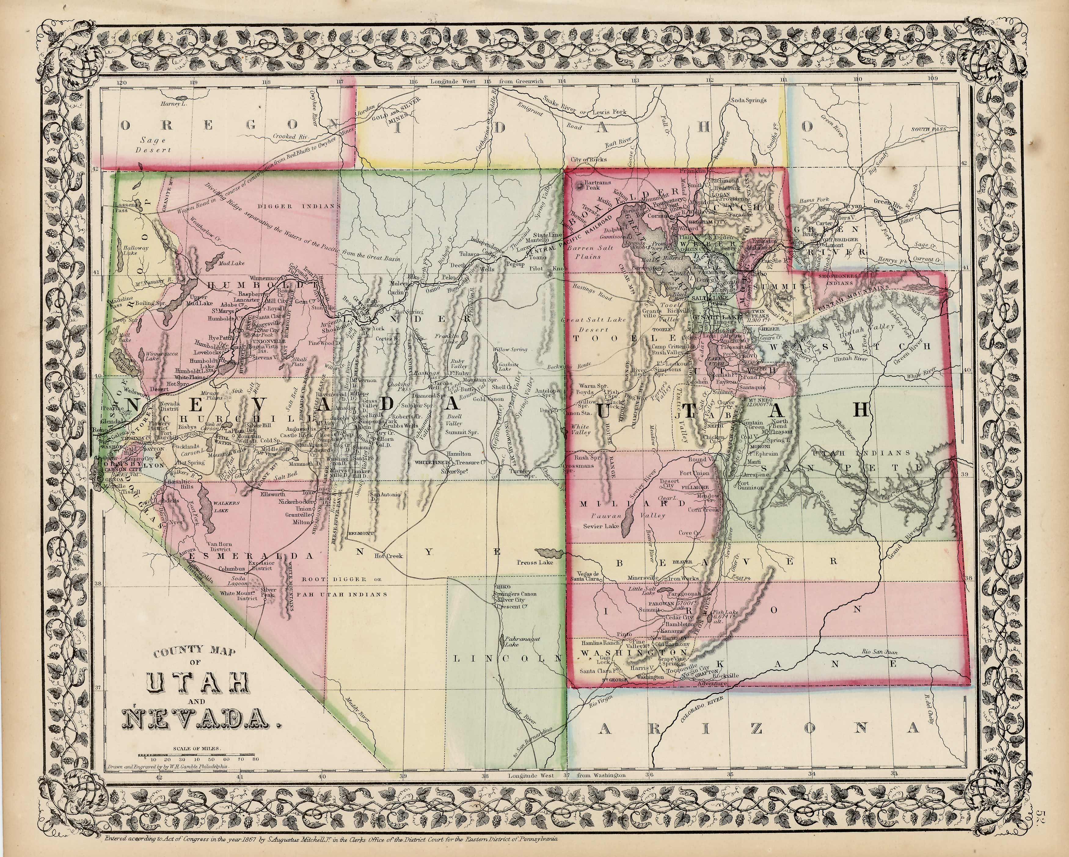 County Map Of Utah And Nevada Art Source International 0079