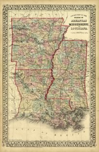 County Map of the States of Arkansas Mississippi and Louisiana