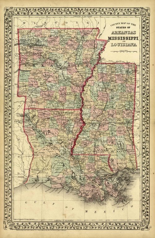 County Map of the States of Arkansas Mississippi and Louisiana