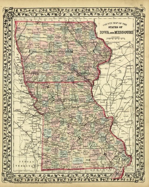 County Map of the States of Iowa and Missouri