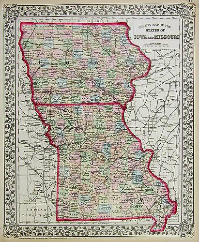 County map of the States of Iowa and Missouri