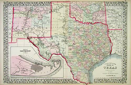 County Map of Texas Galveston indian territory new mexico - Art Source ...