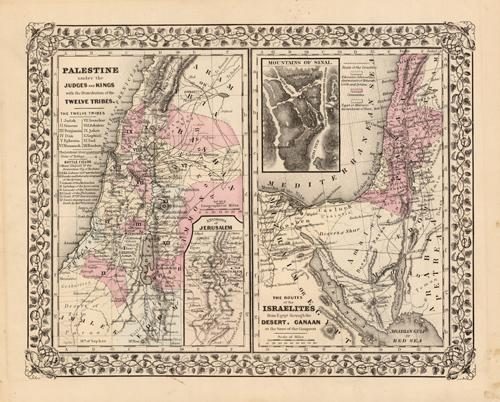 Palestine under the Judges and Kings with the Distribution of the Twelve Tribes; Environs of Jerusalem; Mountains of Sinai; The Routes of the Israelites from Egypt through the Desert