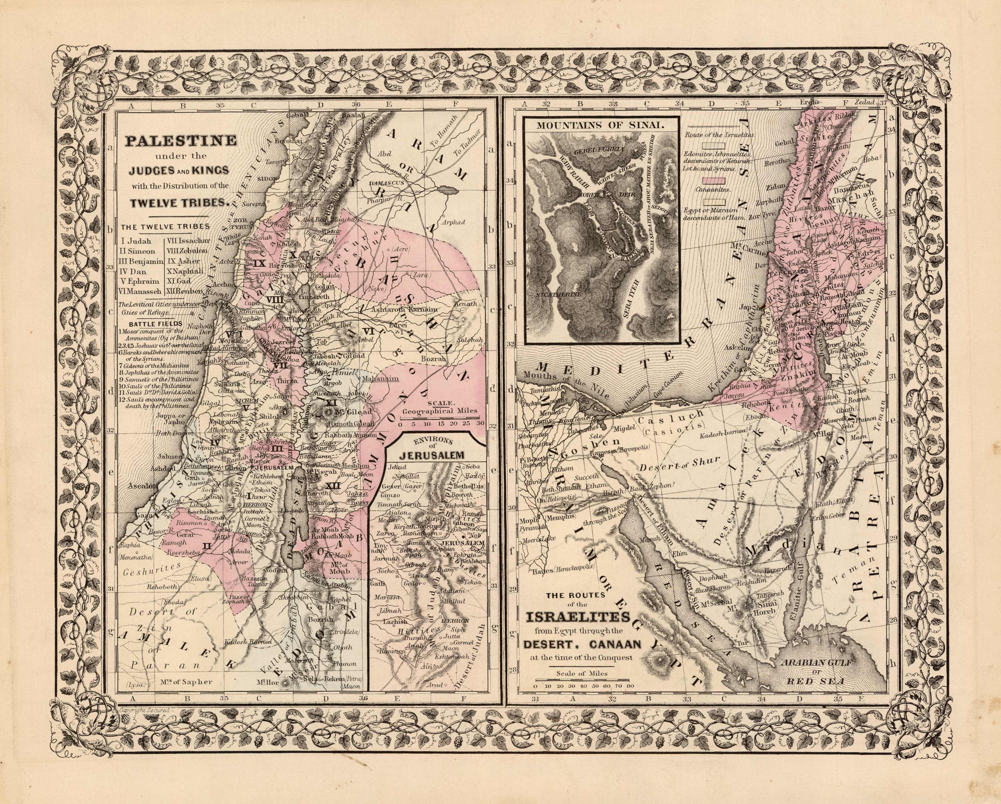 Palestine under the Judges and Kings with the Distribution of the Twelve Tribes; Environs of Jerusalem; Mountains of Sinai; The Routes of the Israelites from Egypt through the Desert Palestine under the Judges and Kings with the Distribution of the Twelve Tribes; Environs of Jerusalem; Mountains of Sinai; The Routes of the Israelites from Egypt through the Desert