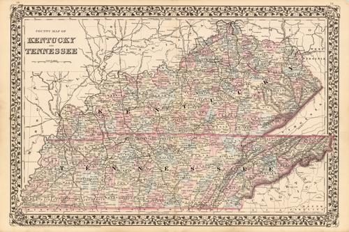 County Map of Kentucky and Tennessee