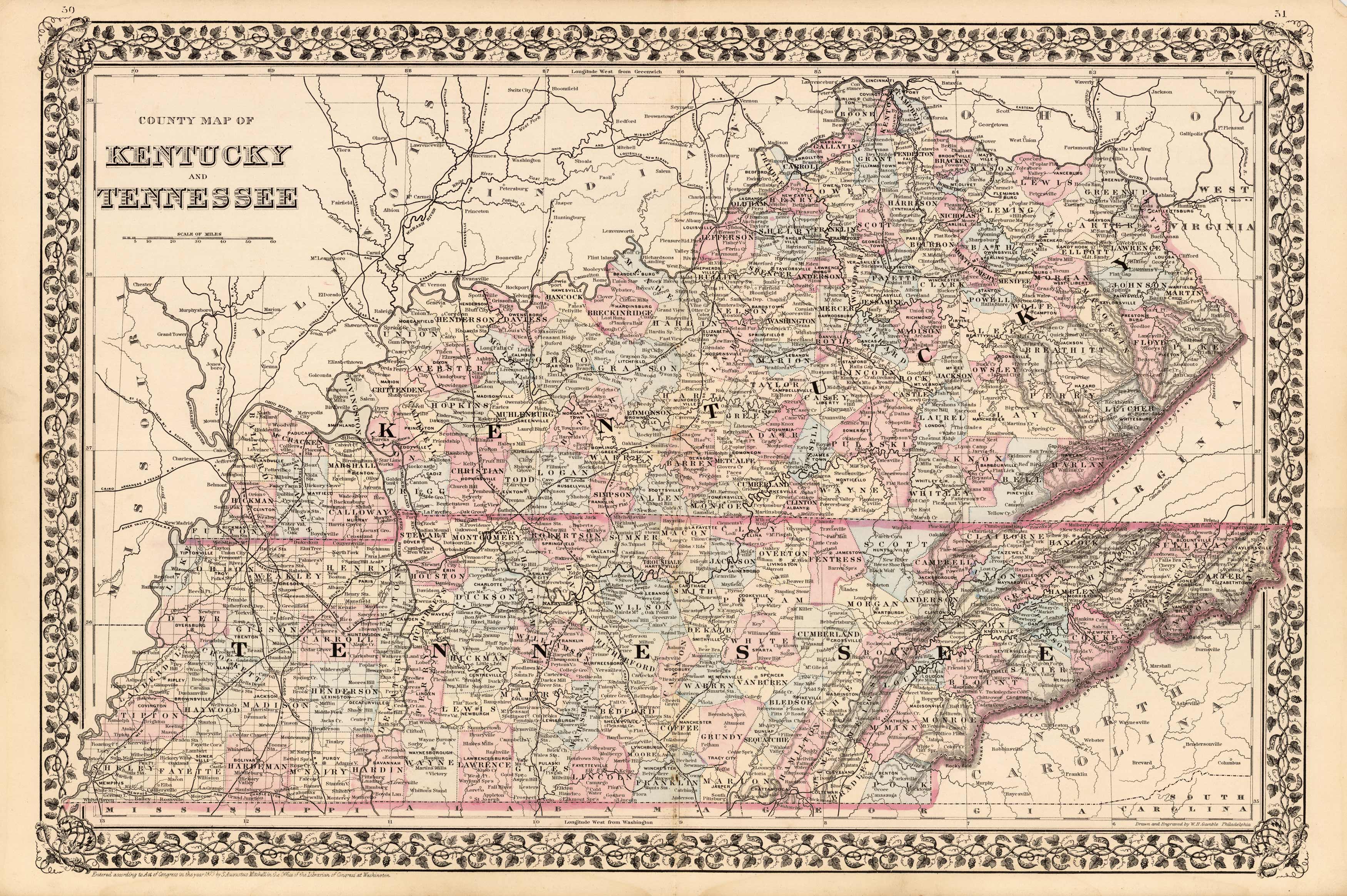 County Map of Kentucky and Tennessee - Art Source International