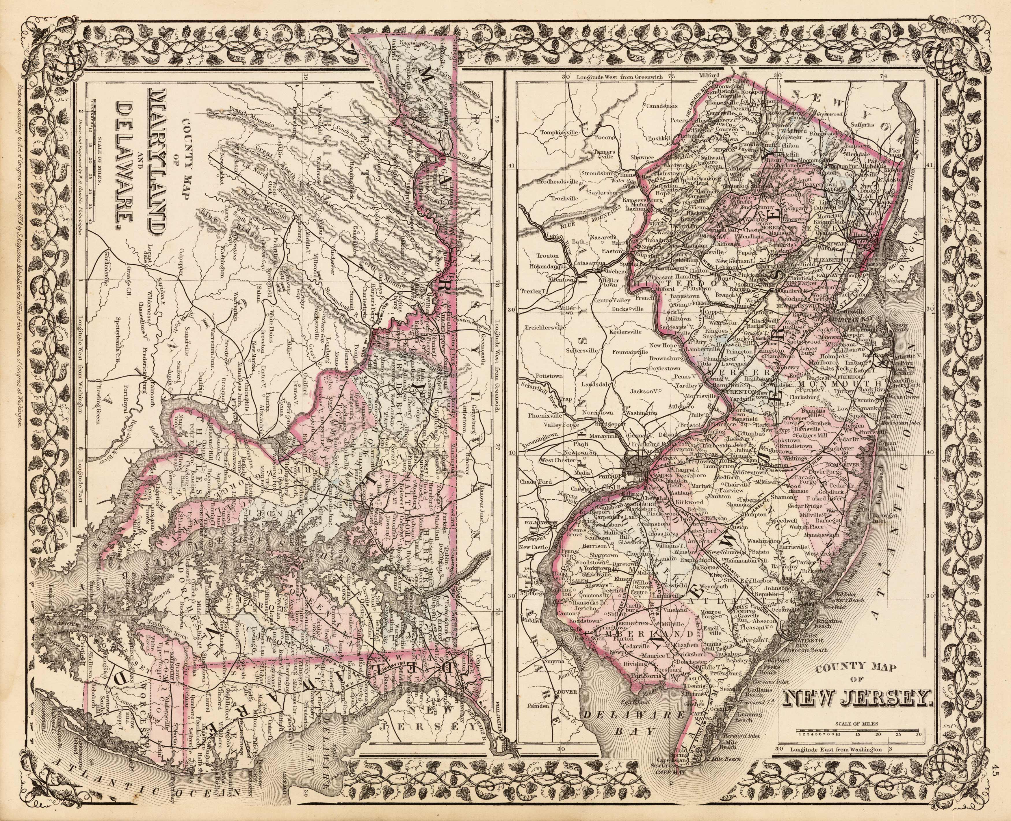 County Map of New Jersey; County Map of Maryland and Delaware