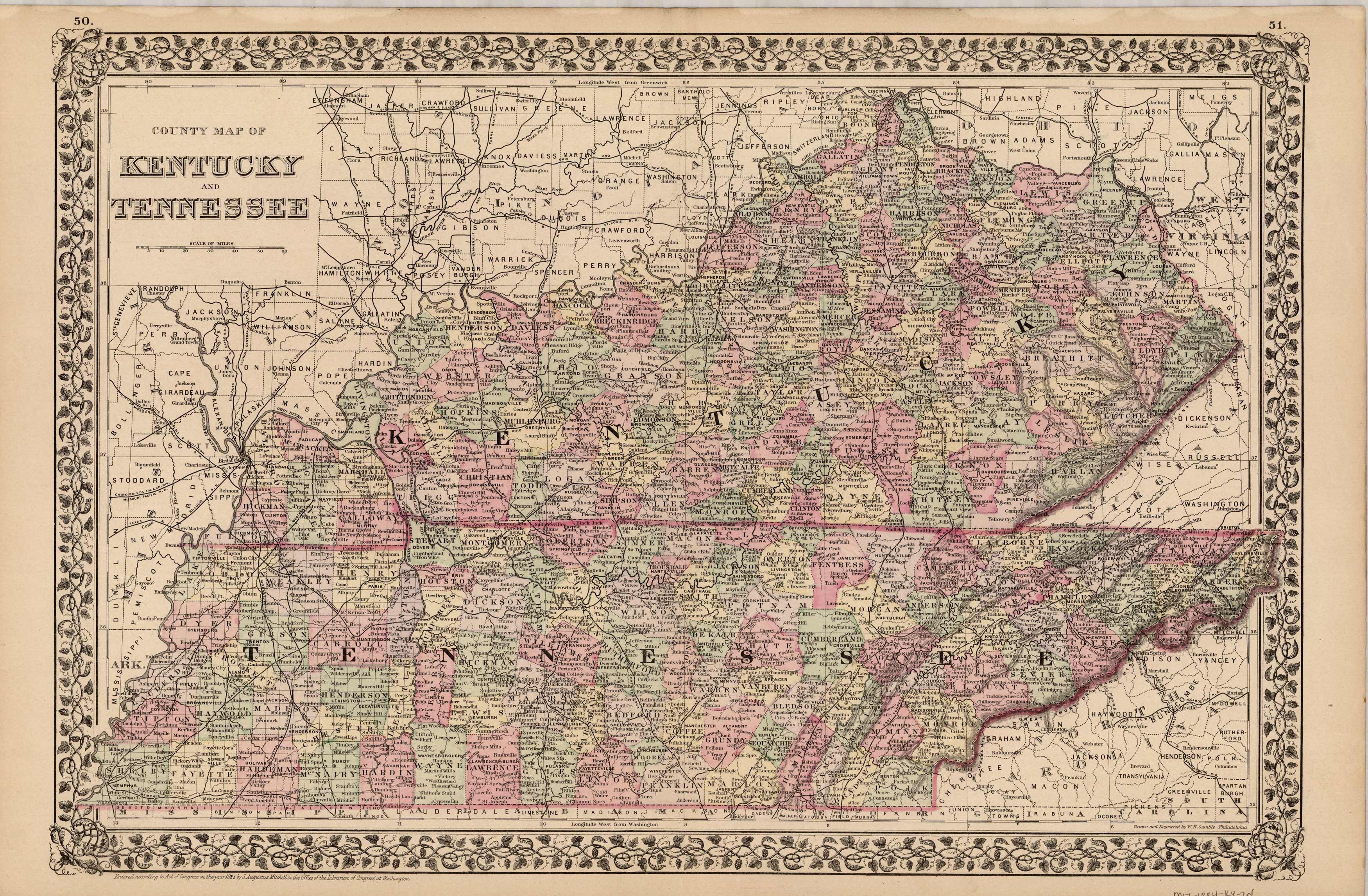 County Map of Kentucky and Tennessee