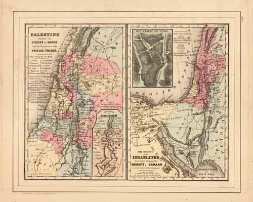 Palestine under the Judges and Kings with the Distribution of the Twelve Tribes and The Routes of the Israelites from Egypt Through the Desert. Canaan at the Time of the Conquest