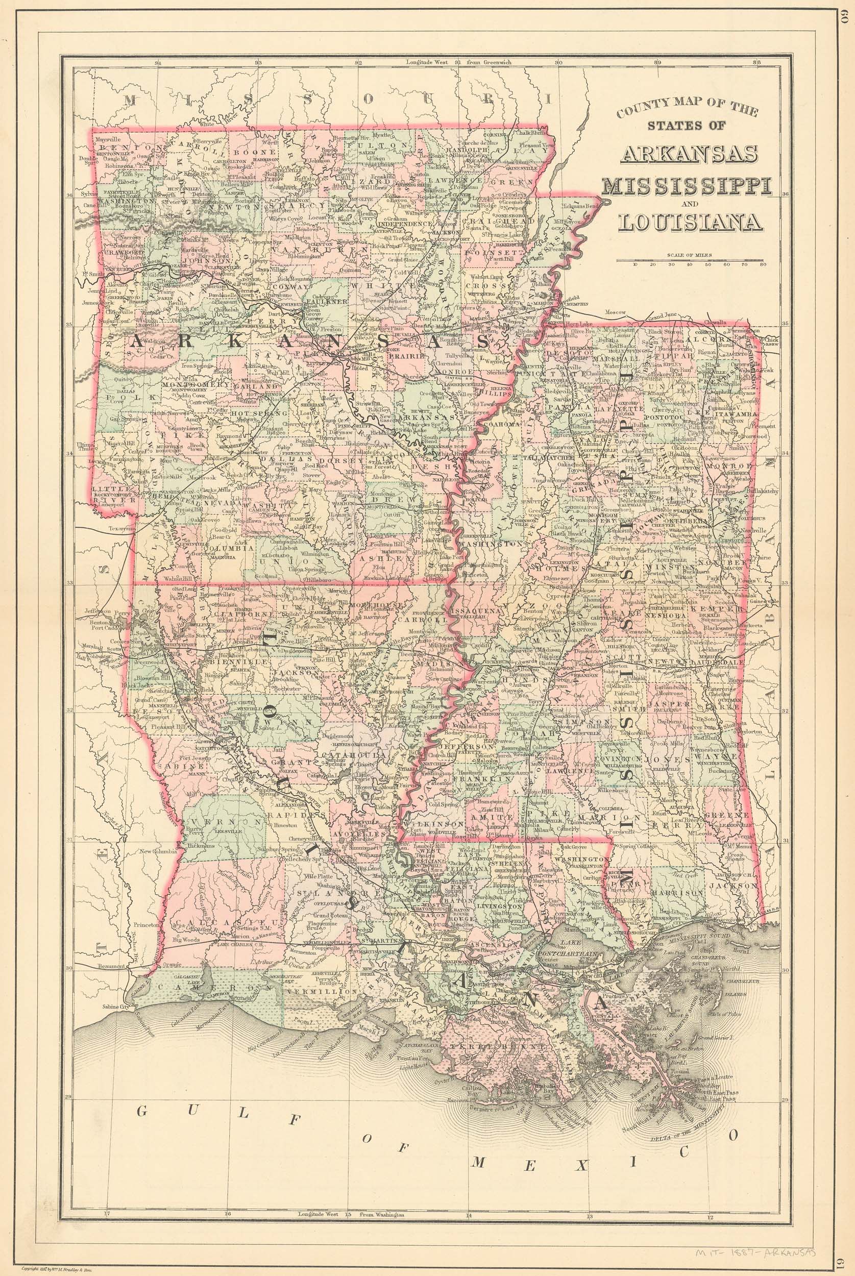 County Map of Louisiana, Mississippi, and Arkansas - Art Source  International