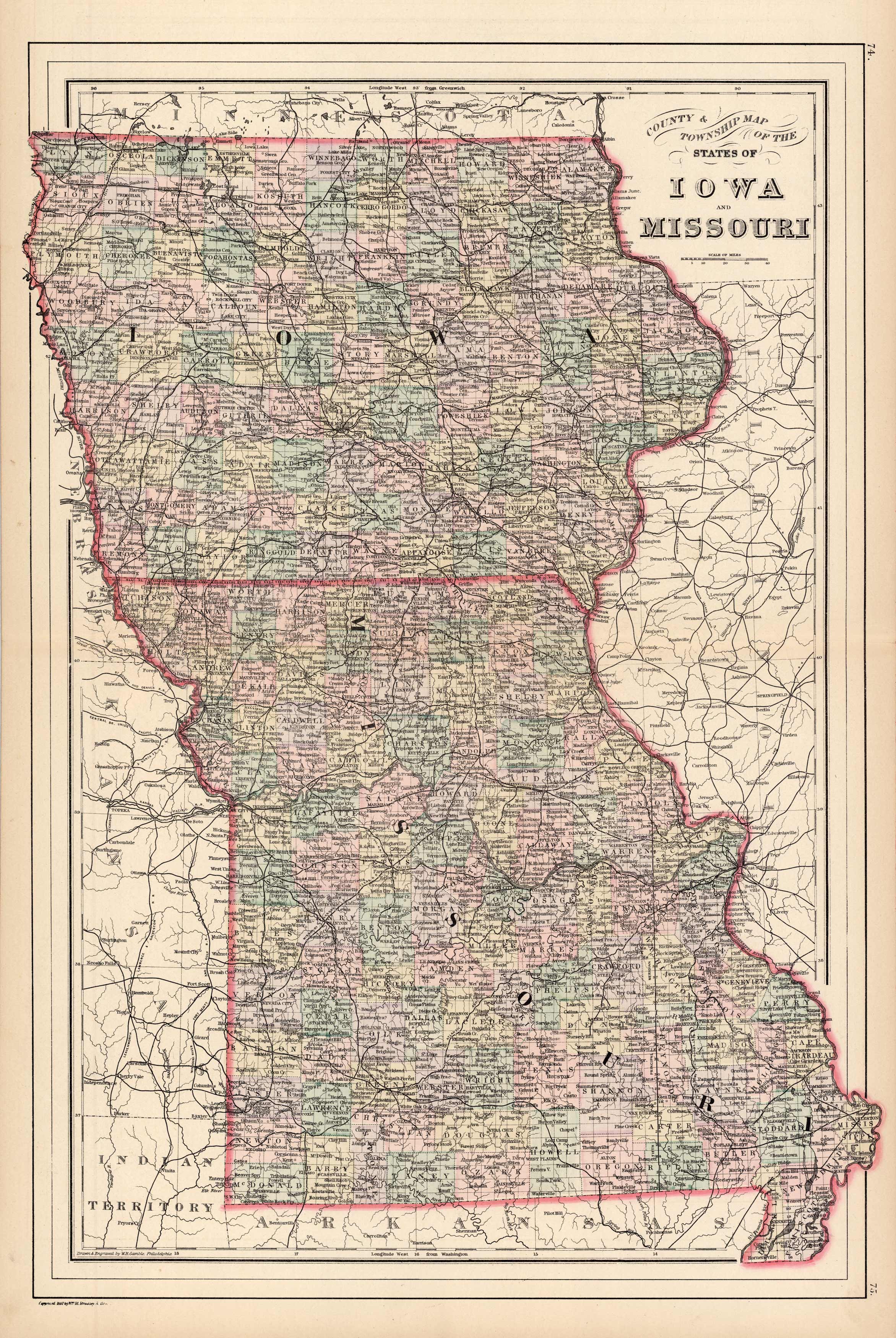 County & Township Map of the States of Iowa and Missouri